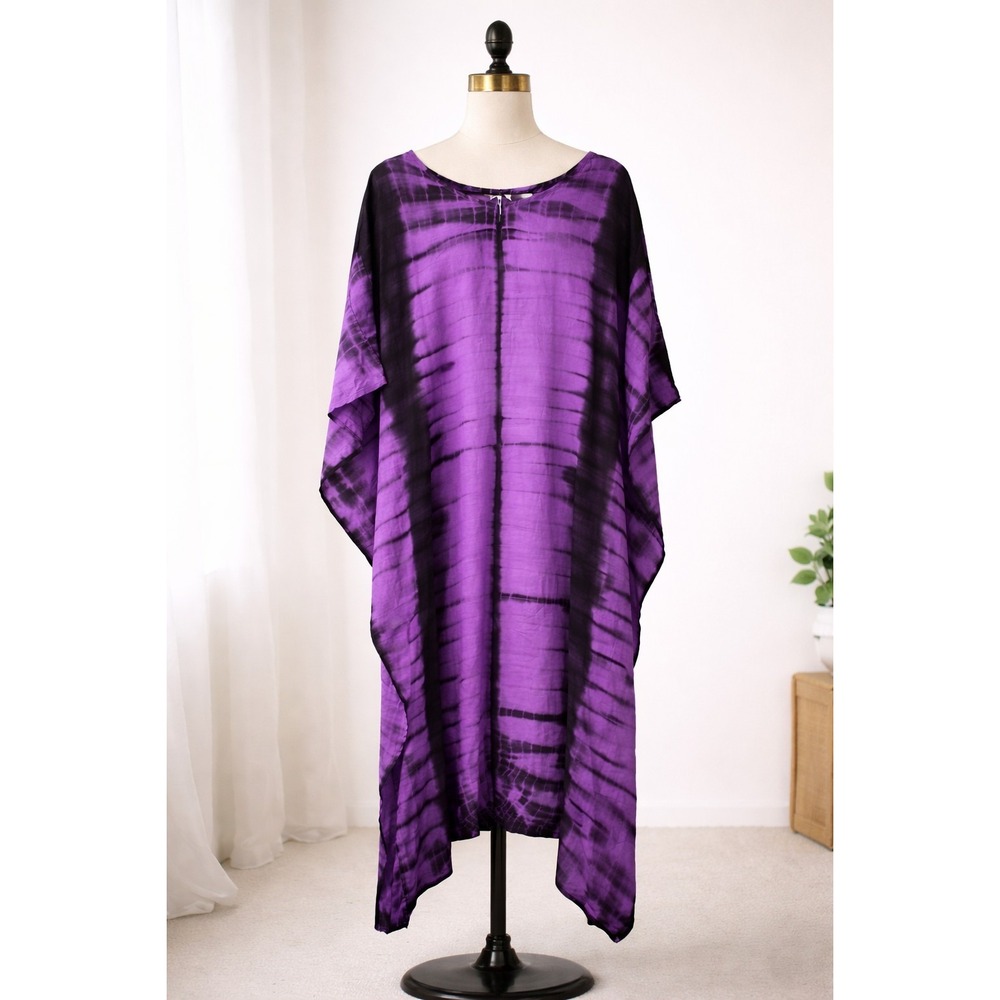 Tamsy‎ Purple Black Tie Dye Kaftan Dress Womens One Size 100% Rayon Boho...